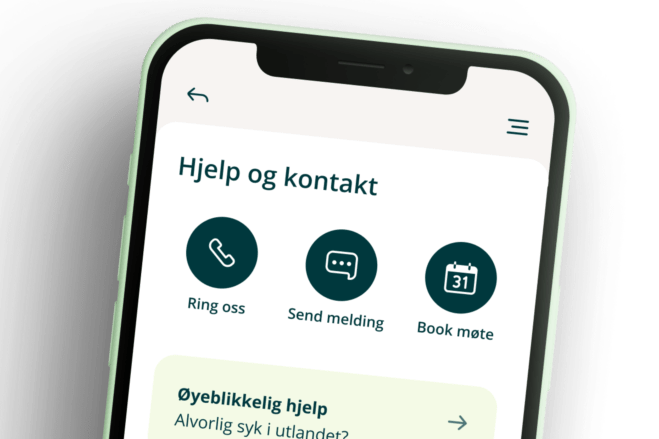 En mobil med mobilbanken åpen viser siden for hjelp og kontakt