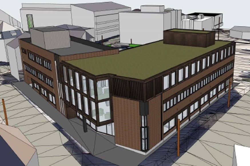 Arkitekttegning av bankens ombygging i Mysen